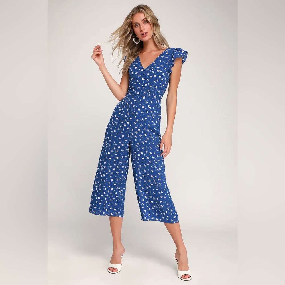 Lulus Floreal Love Blue Floral Print Ruffled Culotte Jumpsuit size small